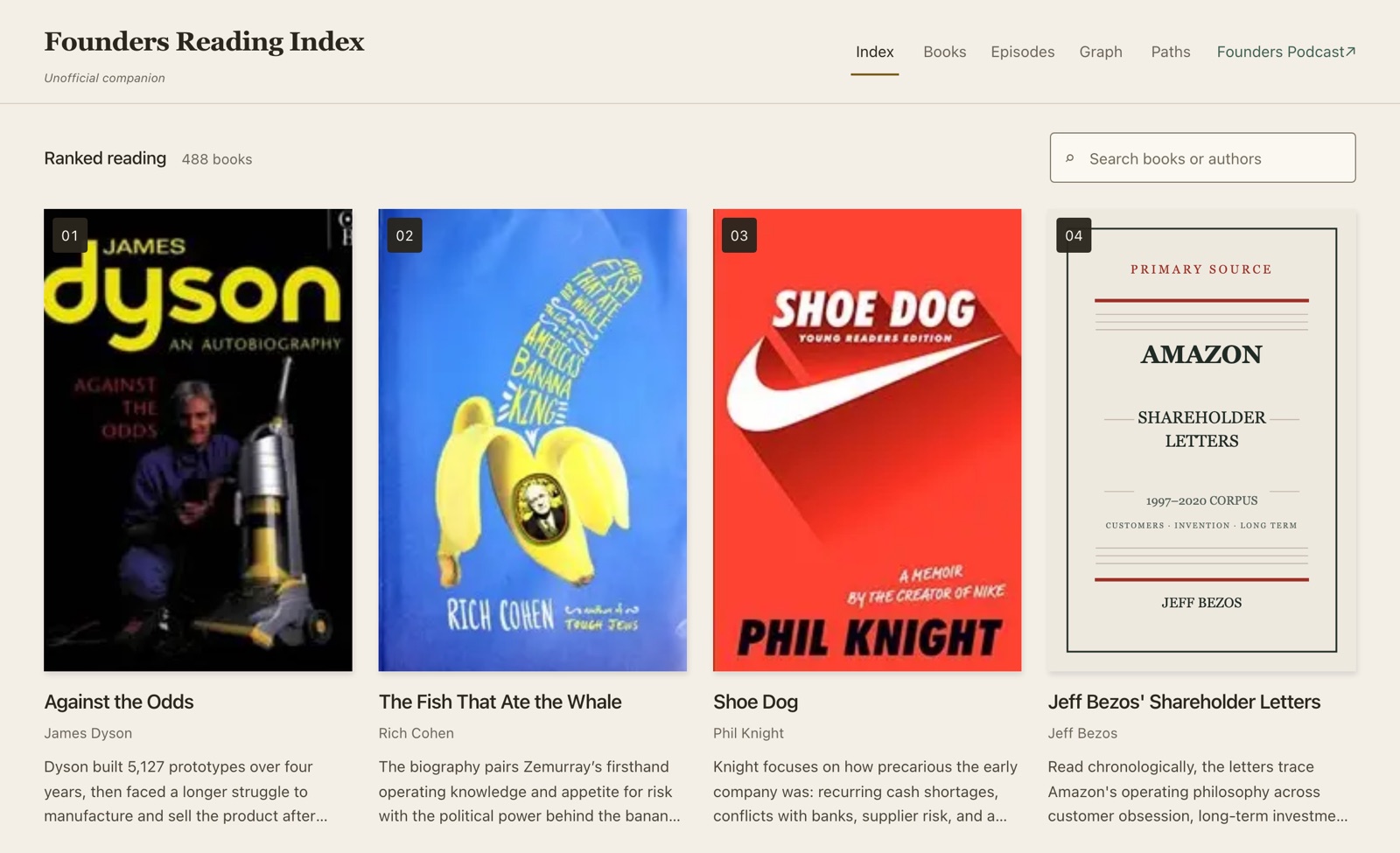 Founders Reading Index's ranked reading list, with book covers and navigation to books, episodes, graph, and reading paths.
